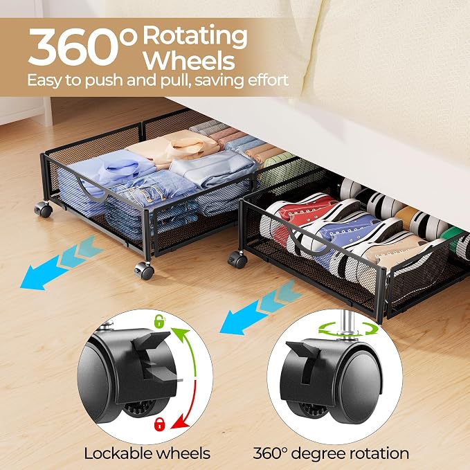 Yecaye Under Bed Storage with Wheels, 4 Pack Under Bed Shoe Storage, Black | Sturdy All-Metal Frame, Foldable, 360° Rolling Wheels, Tool-free Assembly, Underbed Storage Drawers for Shoes, Toys, Clothes - Image 3