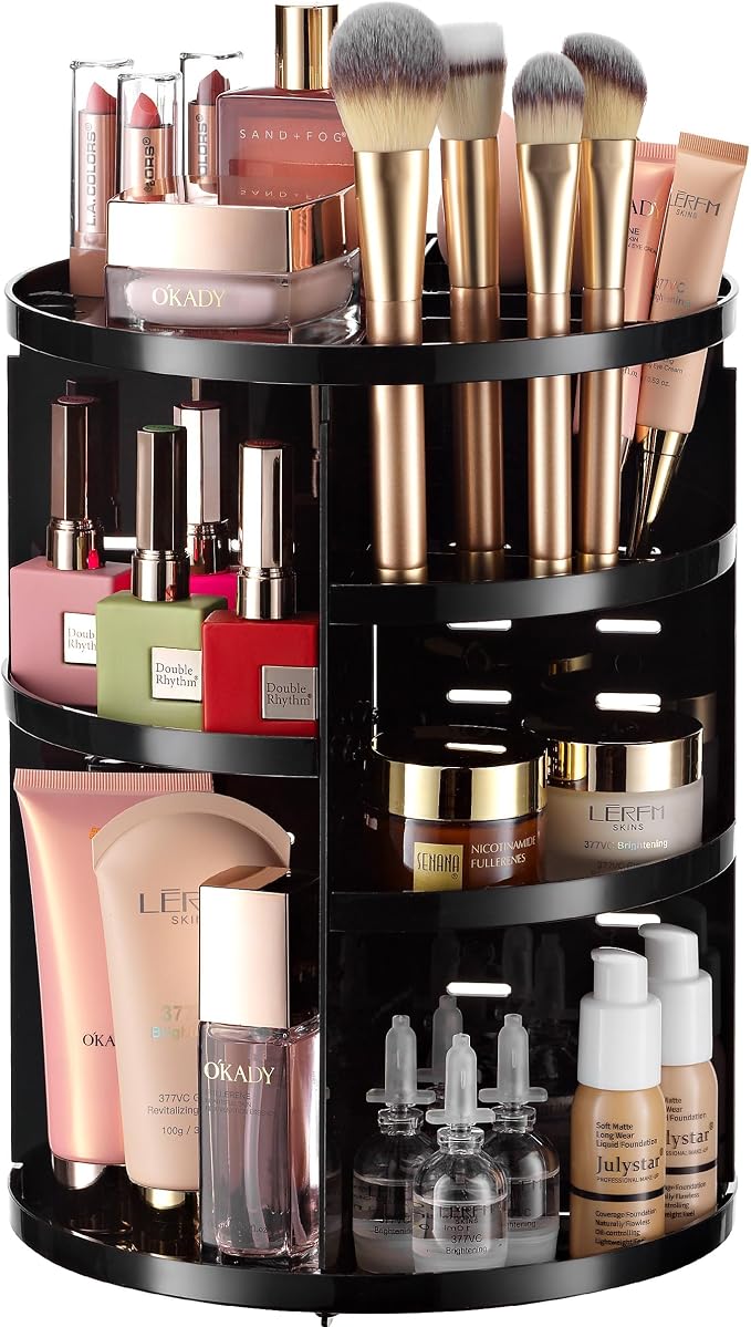Masirs 360 Rotating Makeup Organizer Countertop, Adjustable Shelf, Black by Masirs