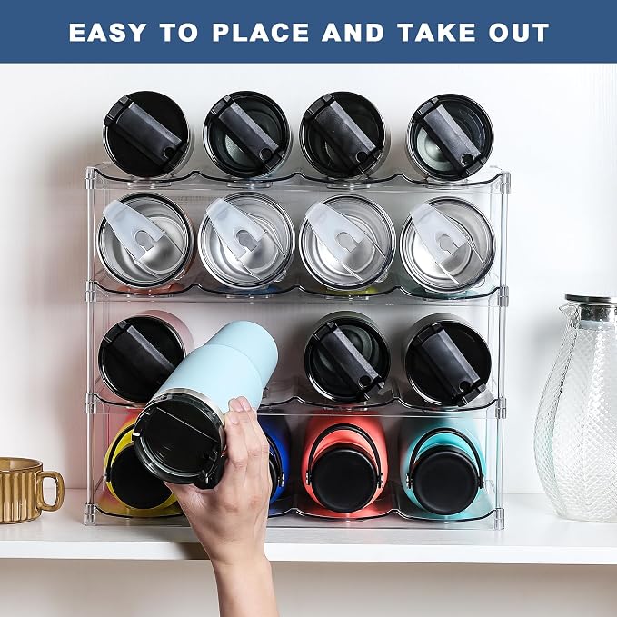 LARGER Compartment - 4 Tier Stackable Water Bottle Organizer Holder - for Stanley 40oz & Others' Large Tumbler - Clear Wine Rack, 16 Cup Bottle Holder for Cabinet Home Countertop Fridge Pantry Shelf - Image 9