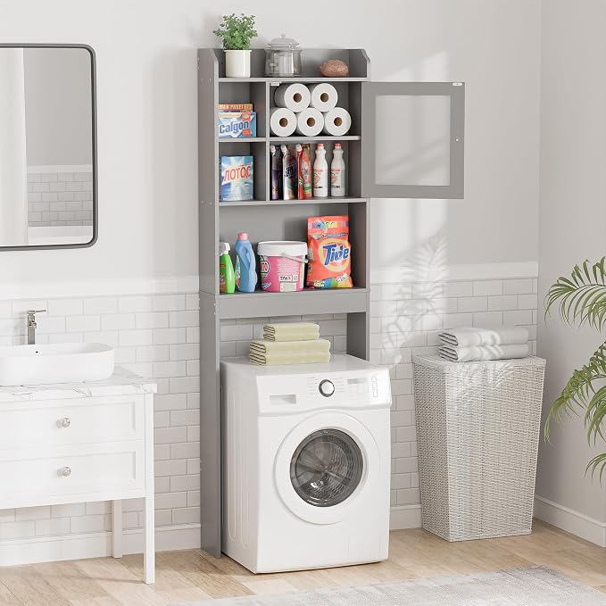 SUPER DEAL Over The Toilet Bathroom Storage Cabinet Freestanding Wooden Bathroom Organizer with Adjustable Shelves and Glass Door, Gray - Image 6