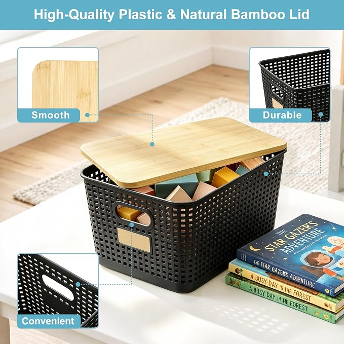 Bagnizer 2 Pack Tall Plastic Storage Bins with Bamboo Lids, 10.8qt Stackable Storages Baskets for Organizing Desktop Closet Playroom Classroom Office, 12"L x 8.3"W x 6.1"H, Black - Image 2