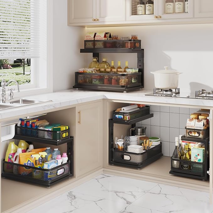 2 Pack 18.5IN-Depth Under Sink Organizer With Next-Gen Ball-Bearing Slides,2-Tier Precision Mesh Pull Out Cabinet Storage for Bathroom&Kitchen,Height Adjustable Drawers Shelf,Anti-rust-Black - Image 8