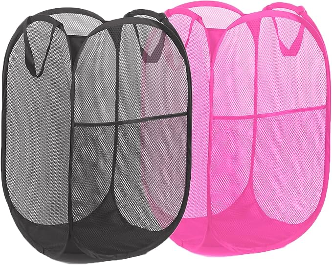 Pop Up Laundry Hamper Pack of 2 Mesh Collapsible Laudry Baskets with Side Pocket and Handles, Easy to Carry for Cruise, Home, Dorms, Laundry Room (Black+Rose red) - Image 8