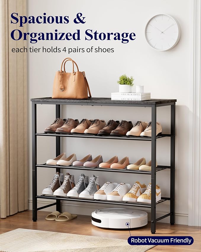 Kitsure Shoe Rack for Closet, Shoe Storage, 29.5" Wide - 4 Tier, Black | Space-Saving Shoe Organizer with Leveling Feet, Sturdy & Rust-Proof Wooden Shoe Rack for Entryway, Bedroom, Living Room - Image 3