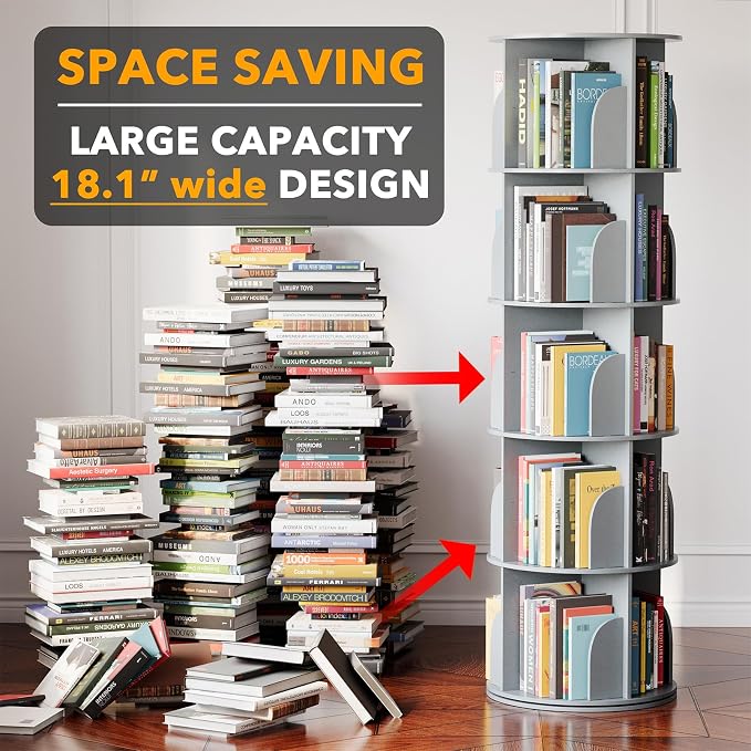 SpaceAid 5 Tier Rotating Bookshelf Tower, Spinning Bookcase Lazy Susan, Revolving 360 Book Shelf Storage Round Carousel, Vertical Rotate Turning Spiral Corner Organizer, Gray - Image 3
