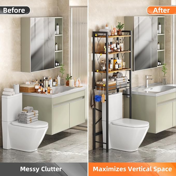 Over-The-Toilet Storage Rack, 4-Tier Bathroom Organizer Shelf Over Toilet with Adjustable Shelf and Basket, Freestanding Space Saver Bathroom Shelves Above Toilet for Room (Rustic Brown) - Image 5