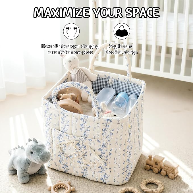 Quilted Fabric Car Storage Basket with Handles & Pocket, Foldable Laundry Hamper Boho Floral Print Organizer Bin for Home, Picnic, Office Nursery Cloth Toy 12"x10"x10" (Style E) - Image 7