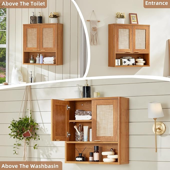 LEYAOYAO Rattan Bathroom Wall Storage Cabinet, Boho Medicine Cabinet - Image 7