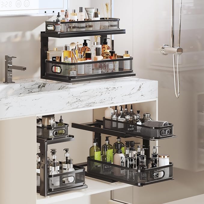 2 Pack 21IN-Depth Under Sink Organizer With Next-Gen Ball-Bearing Slides,2-Tier Precision Mesh Pull Out Cabinet Storage for Bathroom&Kitchen,Height Adjustable Drawers Shelf,Anti-rust-Black - Image 7