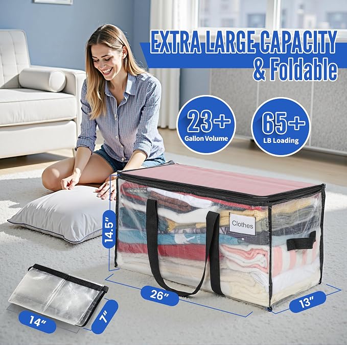 BAGAIL Heavy Duty Moving Bags with Strong Handle, Extra Large Moving Boxes, Storage Tote for Clothes, College Moving Supplies(Clear, 8 Pack) - Image 2