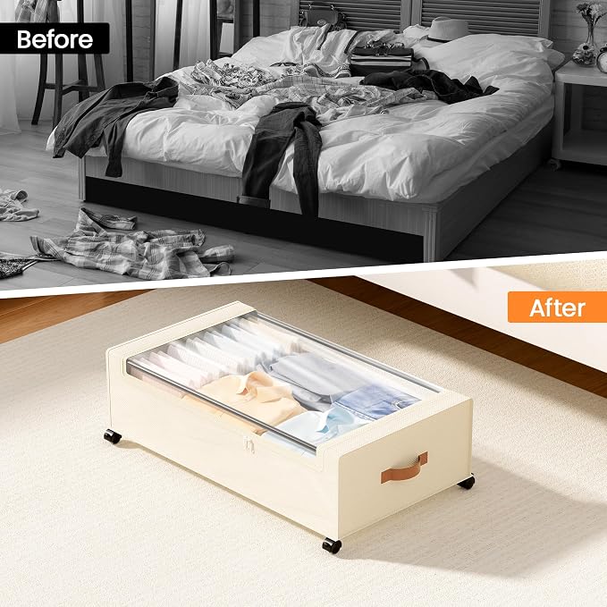 Yecaye 82L Under Bed Storage Containers, Fits 9.4" Under Bed, 2 Pack, Beige | XXL Capacity, 360° Rolling Wheels, Sturdy Metal Frame, Clear Window & Label, Storage Bins for Clothes, Shoes, Blankets - Image 6