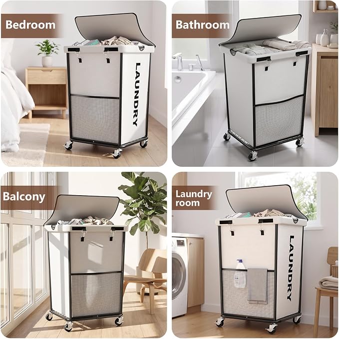 Laundry Hamper with Wheels and Lid, 150L Large Rolling Laundry Basket White - Image 6