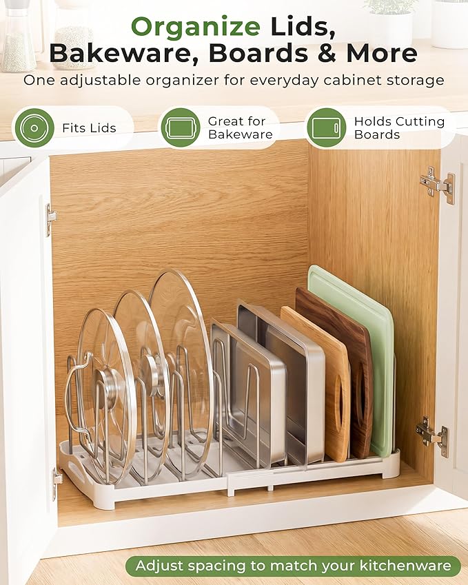 EVERIE Adjustable Cabinet Organizer for Pot Lids, Bakeware, Cookie Sheets & Cutting Boards, Upright Storage Rack for Kitchen Cabinet, Stable Dividers, 9.7" Deep, 12.6" to 21.5" Wide, GS02SS - Image 2