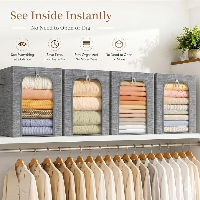 GoMaihe Blanket Storage Bins with Metal Frame for Closet, 55L 6-Pack Grey - Image 4