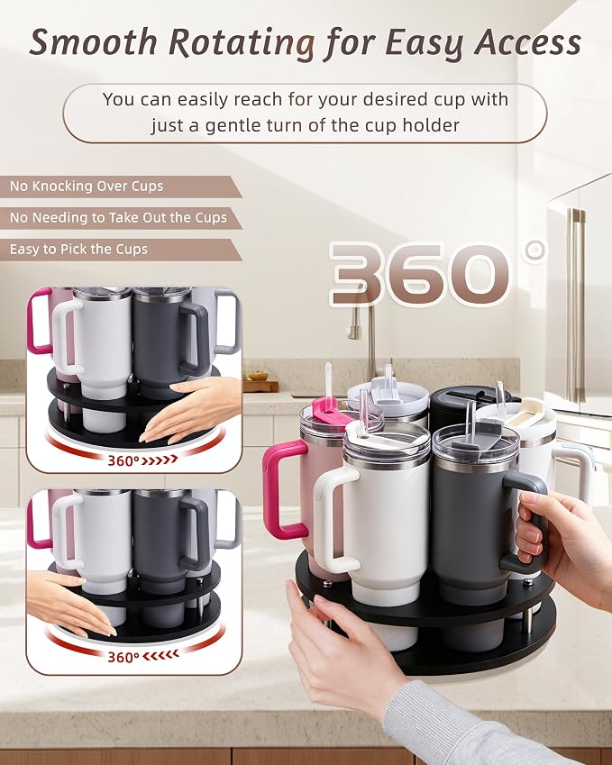 Rotating Wood Tumbler Organizer, 30 oz 40 oz Spinning Turnable Tumblers Holder, 360° Rotatable 7 Large Cups Bottle Tumbler Storage Display Stand, Rotate Syrup Organizer for Cabinet Countertop（Black） - Image 9