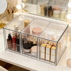 Prsildan Acrylic Makeup Organizer Stackable Storage Drawers with 3 Drawers for Office Desk Vanity Craft Room Clear Drawer Organizers for Hair Accessories Art Supplies Cosmetics Modular System - Image 2