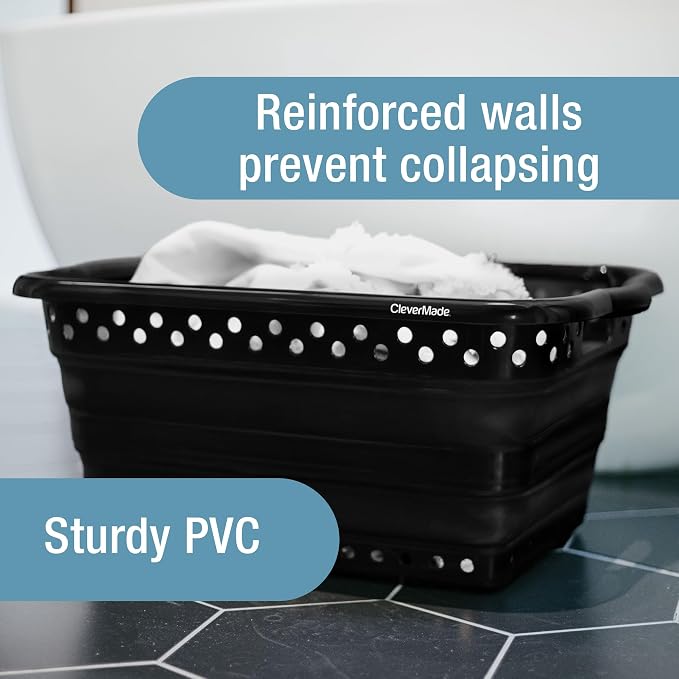 CleverMade Collapsible Plastic Laundry Basket, 39L Laundry Hamper, Black - Image 2