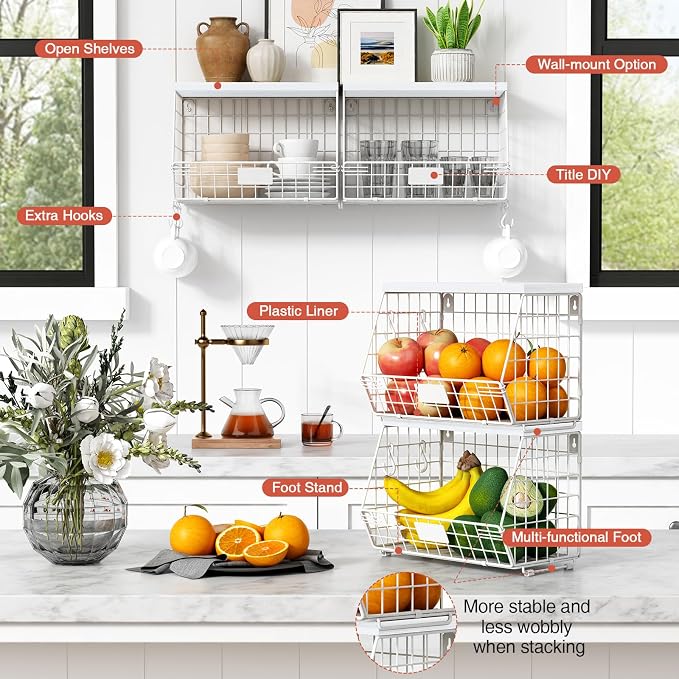 Goozii Wall Mount Bathroom Storage Basket, Fruit Produce and Vegetable Baskets for Kitchen Counter, Hanging Wire Storage Basket for Laundry Room Bedroom Closet Pantry Boys Girls Room (White) - Image 6