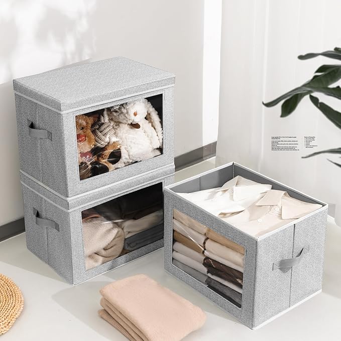 Homsorout Stackable Storage Bins with Lids - Large Decorative Basket with Lids, Fabric Foldable Closet Organizer Bins, Shelf Organizer for Living Room, Dorm, 5 Pack, Blended - Image 3
