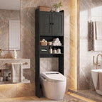 Over the Toilet Storage Cabinet,Tall Slim Bathroom Organizer with Doors, Adjustable Shelves & Built-in Toilet Paper Holder, Space-Saving Above Toilet Cabinet for Small Bathrooms(Black) - Image 5