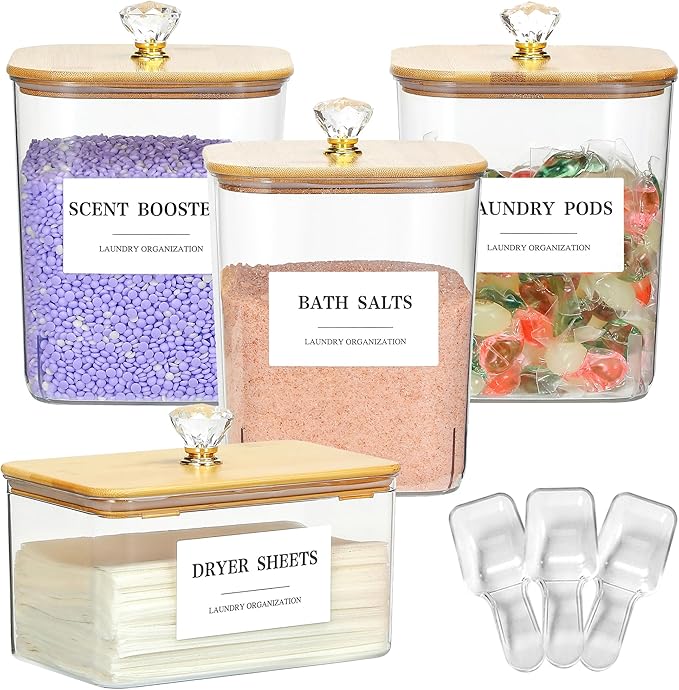 4 Pack Clear Laundry Pods Container & Dryer Sheet Holder Set with Lid, Laundry Containers with Scoops & Labels, Laundry Room Organization and Storage for Laundry Detergent, Pods, Powder, Beads by Dounozzi