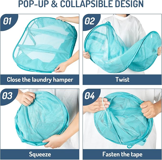 Seiritex Mesh Popup Laundry Hamper 3 Compartment Sortable Horizontal Collapsible Laundry Basket for Clothes Laundry Room Bedroom Toys Travel (Turquoise Blue) - Image 6