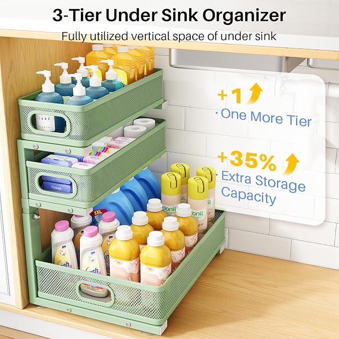 Under Sink Organizer, 3-Tier Thickened Metal Pull out Cabinet Organizer Shelf, Height Adjustable Slide out Storage Drawer Rack for Kitchen Bathroom Pantry Laundry Home Organization, 1-Pack, Green - Image 3
