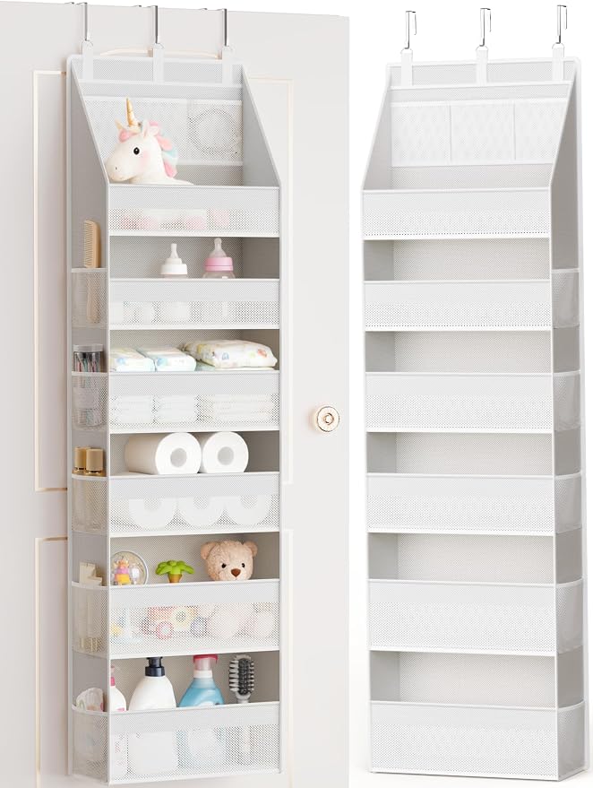 Criusia Over the Door Organizer, Heavy-Duty 6-Shelf Hanging Storage with 13 Mesh Pockets, 55lbs Capacity Behind the Door Storage for Nursery, Bathroom, Bedroom, and Dorm, White by Criusia
