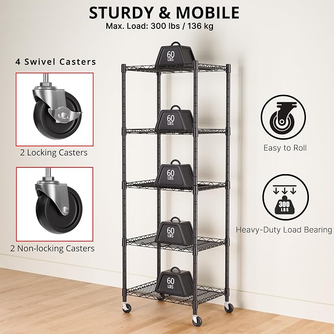 REGILLER 5-Wire Shelving Metal Storage Rack Adjustable Shelves,Standing Storage Shelf Units for Laundry Bathroom Kitchen Pantry Closet(Black,11.8" D x 16.6" W x 53.5" H,With Wheels) - Image 6
