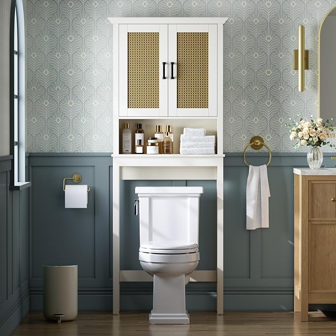 Over The Toilet Storage Cabinet, Over Toilet Storage Cabinet with Rattan Door and Anti-Tip, Above the Toilet Storage for Bathroom Behind the Toilet Bathroom Organizer, Rattan - Image 3