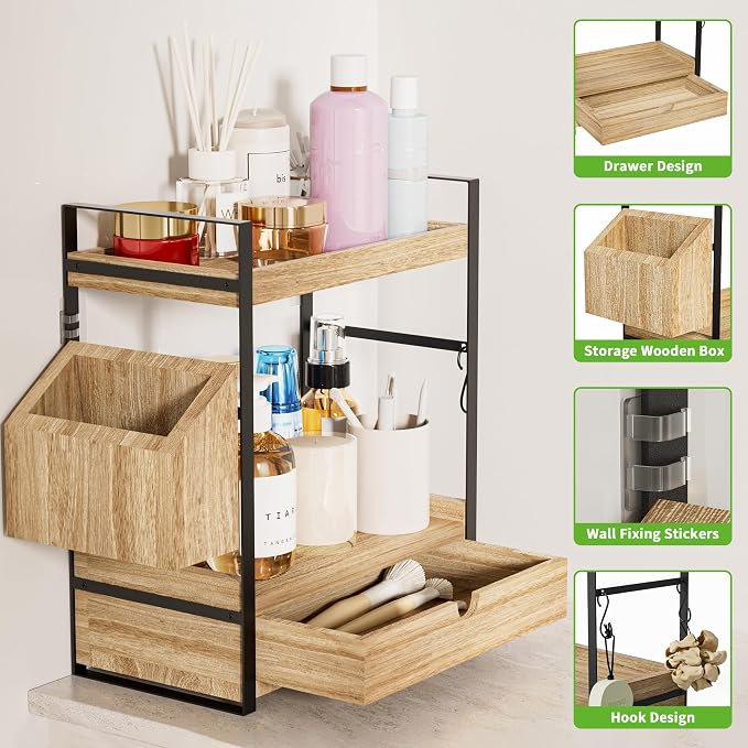 2-Tier Bathroom Counter Organizer, Wooden Vanity Shelf with Drawer & Basket - Image 4