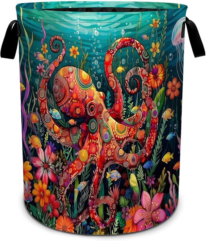 Octopus Flower Laundry Basket Foldable Laundry Hamper With Handles Clothes Storage Bucket Organizer Laundry Bag For Bedroom Bathroom Laundry Storage 19.6 x 15.7 by WtallasiSei