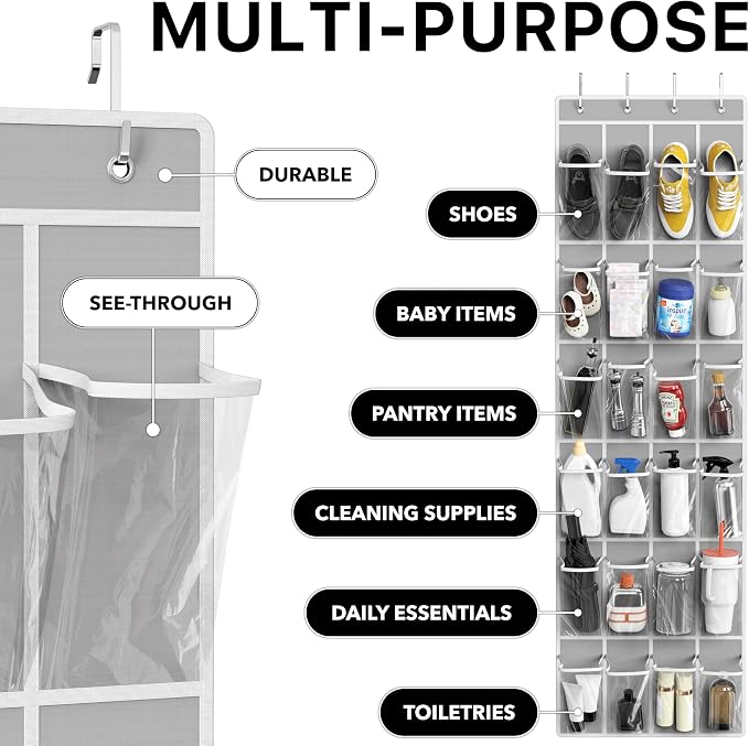 Simple Houseware 24 Pockets Clear Over the Door Shoe Organizer, Gray | 64" x 19", 4 Durable Metal Hooks, 4.3" x 9.5" Pocket Size, Multipurpose - Image 5