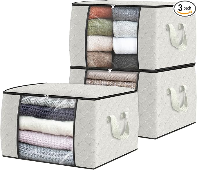 Fab totes 3 Pack Storage Bags for Clothes Blanket Storage Bins with Lids | Foldable Closet Organizers with Zippers,Window and Handles,Fabric Storage Bins for Sweater,Comforter,Bedding,Dorm essentials by Fabtotes