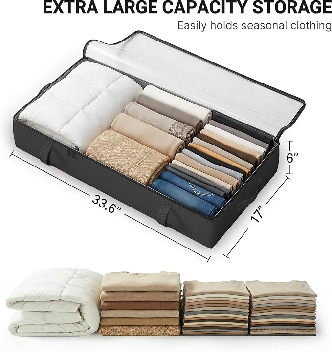 2-Pack Under Bed Storage Containers, 6 Inches Tall Clothes Storage, Black | High Side Collapsible Underbed Organizer Bin with Sturdy Sidewalls/Bottom, Cotton Linen Bins, For Seasonal Clothes & Bedding - Image 3