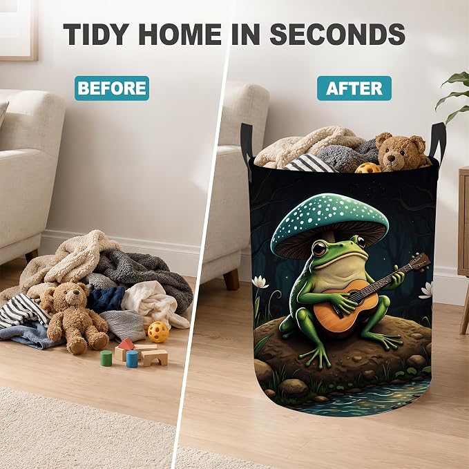 Frog Guitar Dirty Clothes Hamper,Foldable Laundry Basket with Handles,Mushroom Forest Waterproof Oxford Cloth Storage Bin for Bedroom Bathroom Nursery,16 x 20 Inch - Image 4