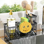 Cisily Kitchen Sink Caddy Organzier with High Brush Holder, Sponge Holder for Sink, 304 Rustproof Stainless, Kitchen Countertop Soap Dispenser Organizer (Black With Smiley Face Holder, 9.25″) by CISILYHOMELIFE