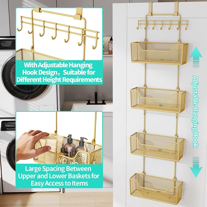 HapiRm Over The Door Organizer - Hanging Door Organizer with 4 Metal Large Capacity Baskets and Adjustable Coat Hook for Bathroom Bedroom Kitchen Pantry Closet Cabinet - Image 5