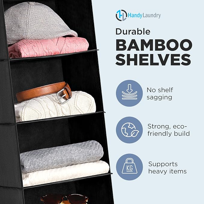 Handy Laundry Hanging Closet Organizer - 6 Shelf Storage for Clothes, Sweaters, Shoes & Accessories - Space-Saving Wardrobe Shelves with Hooks for Dorm, RV & Small Closet Organization (Black) - Image 4