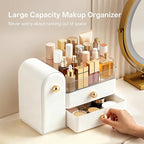 HBlife Makeup Organizer Countertop with Drawers, Vanity Organizers with Brush Holder, Bathroom Counter Organizer for Perfume, Nail Polishes, Lipsticks, Skincare and Eyeshadow Palettes, White and Gold - Image 4