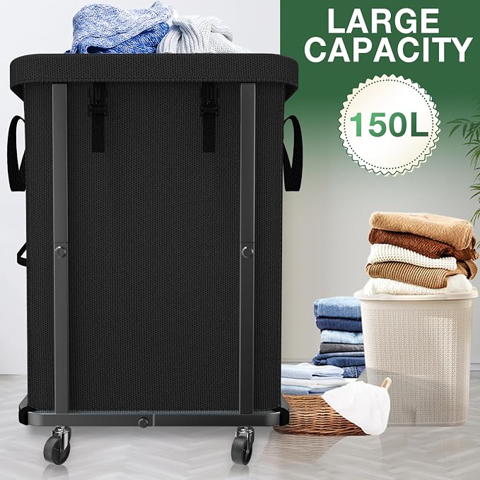 Laundry Basket with Lid,150L Rolling Laundry Hamper with Wheels Black - Image 2