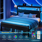 SHA CERLIN Full Bed Frame, 2-Tier Storage Headboard, LED, Charging Station - Image 7