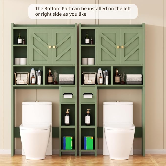 Shintenchi Over the Toilet Storage Cabinet, Bathroom Storage Cabient with Barn Doors, Bathroom Storage Shelf Organizer with Toilet Paper Holder, Adjustable Shelf and Anti-Tip Device, Green - Image 4