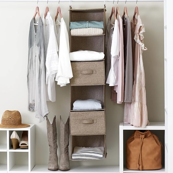 Household Essentials 6 Shelf Hanging Closet Organizer, Hanging Closet Shelf, Fabric Poly Linen and PEVA Shelving, Beige - Image 8