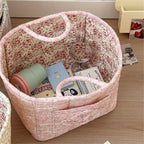 Quilted Fabric Storage Basket with Handles & Pocket, Foldable Laundry Hamper Boho Floral Print Organizer Bin for Home, Picnic, Office 12"x10"x10" (A-4) - Image 4