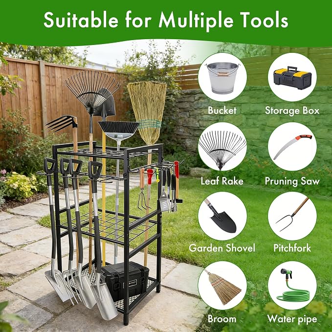Garage Storage Rack, 70-Hole Multi-Scene Tool Organizer with Adjustable Feet & T-Handle Hooks, Indoor & Outdoor Tool Storage Holder for Broom, Mop, Shovel, No-Tool Assembly, Black - Image 2