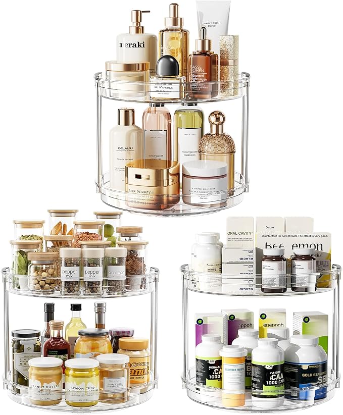 LAMU 3 Pack 10.6'' 2-Tier Lazy Susan Turntable Organizer Rotating Spice Rack Organization for Cabinet, Kitchen, Pantry, Countertop, Bathroom, Vanity, Makeup Organizer, Clear by YourHome-OrganizationHelper