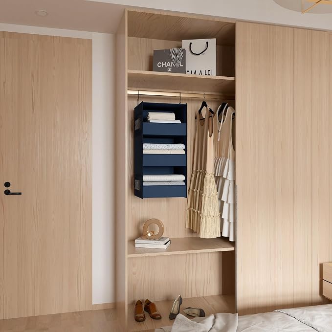3-Shelf Hanging Closet Organizer and Storage, Foldable Hanging Closet Shelves Front Lip Design Washable Hanging Storage, Navy Blue - Image 8