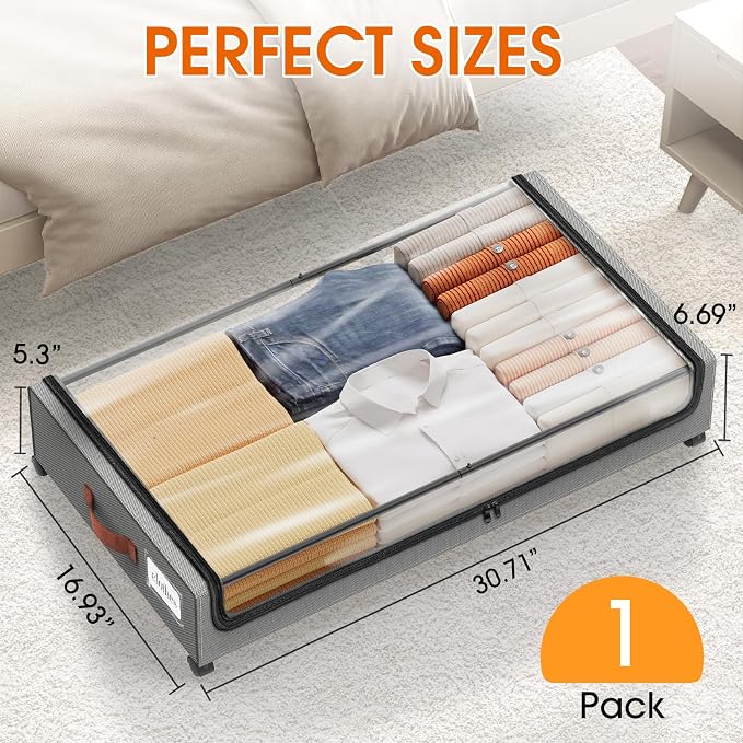 Under Bed Storage with Wheels 1Pack Storage Containers with Clear Window | Under Bed Drawers Rolling Under Bed Storage for Clothes,Shoes, Blankets (30.71 x 16.93 x 6.69 in, Light Grey) - Image 2