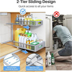 Under Sink Organizer, 2 Pack 2 Tier Pull Out Under Cabinet Organizer Shelf with Pad for Framed Cabinets, Metal Slide Out Under Sink Storage, Mesh Sliding Drawers for Kitchen Bathroom Laundry, Grey - Image 5